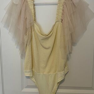 Sheer Ruffle Sleeve Off White One-Piece Bodysuit